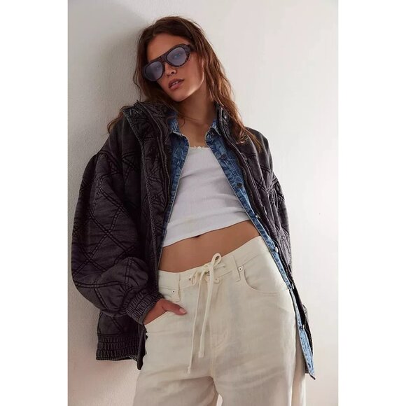 Free People Juno Quilted Jacket Top Bomber Oversized Buttondown XS NEW 275914